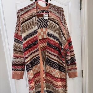 NWT Free People Graphic Long Sweater Cardigan S